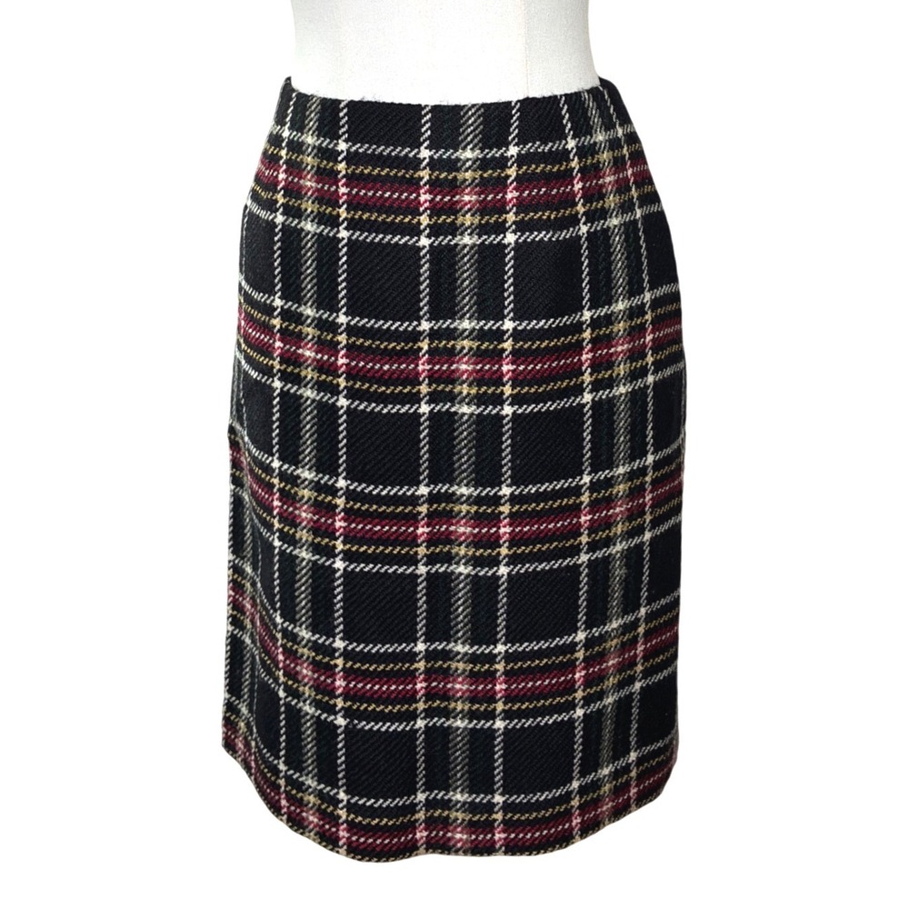 Talbots Plaid Wool Pencil Skirt Black Red Tartan Preppy Women's Size 8